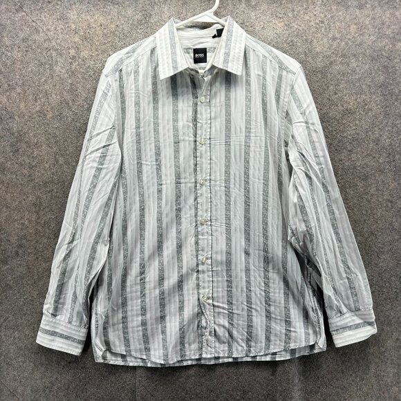 Hugo Boss Dress Shirt Mens Large Gray White Striped Long Sleeve Button Up - Picture 1 of 10